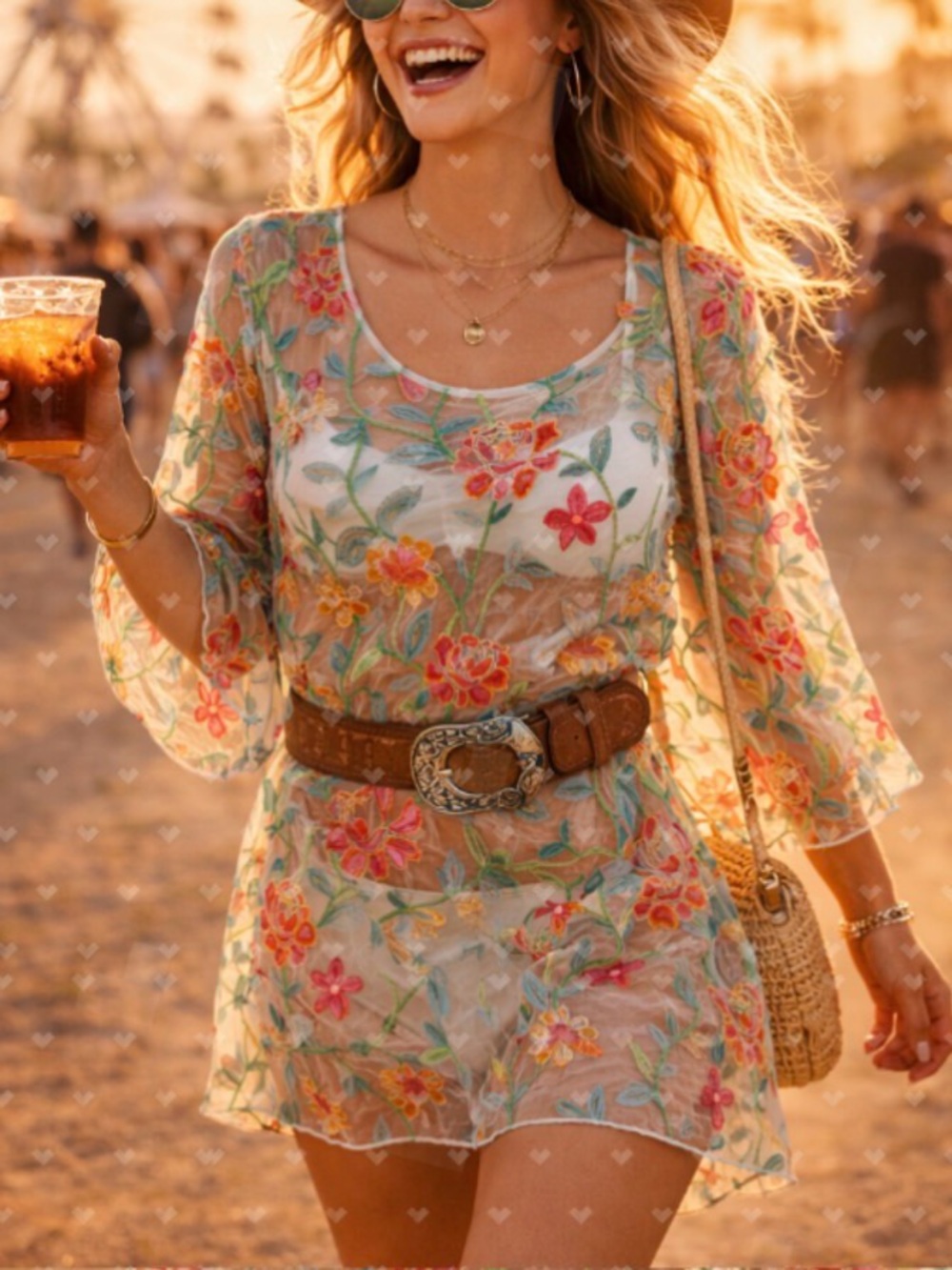 Sheer Floral Embroidered Tunic Oversized Boho Festival Medium Whimsy - Picture 8 of 9